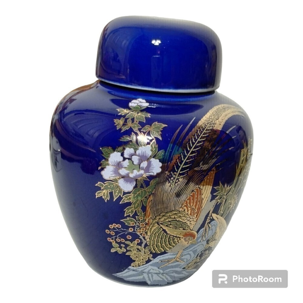 Ginger Jar‎  With Lid Cobalt Blue with a Painting Of a  Gold Pheasant 5.5in Tall